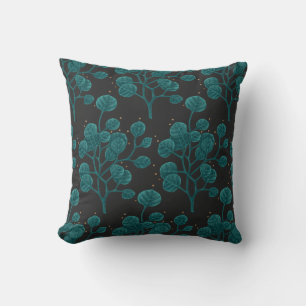 Green Plant Pattern Pen Drawing Black Throw Pillow