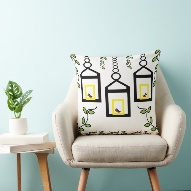 Green Plants Birds Nature Pattern Throw Pillow (Chair)