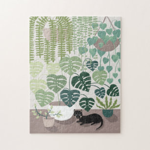Green plants, monstera and black cat art puzzle