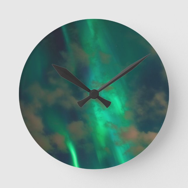 Green Plasma Aurora Northern Lights Sky Round Clock (Front)