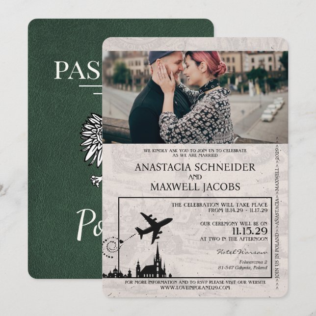 Green Poland Passport Wedding Invitation (Front/Back)