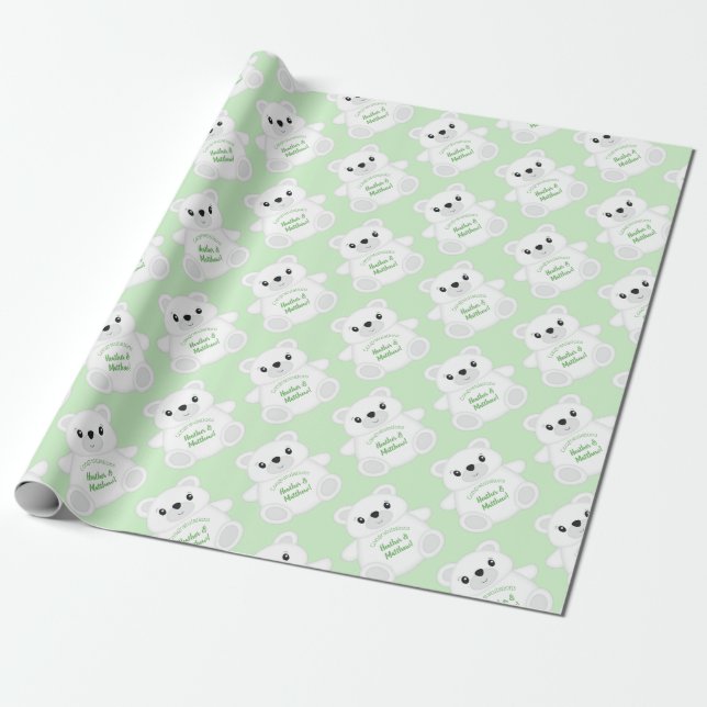 Green Polar Bear Baby Shower Wrapping Paper (Unrolled)