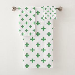 Green polka crosses on white bath towel set