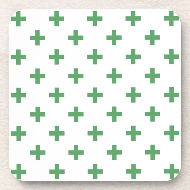 Green polka crosses on white coaster (Front)