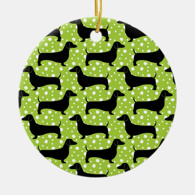 Green Polka Dachshunds Ceramic Ornament (Front)