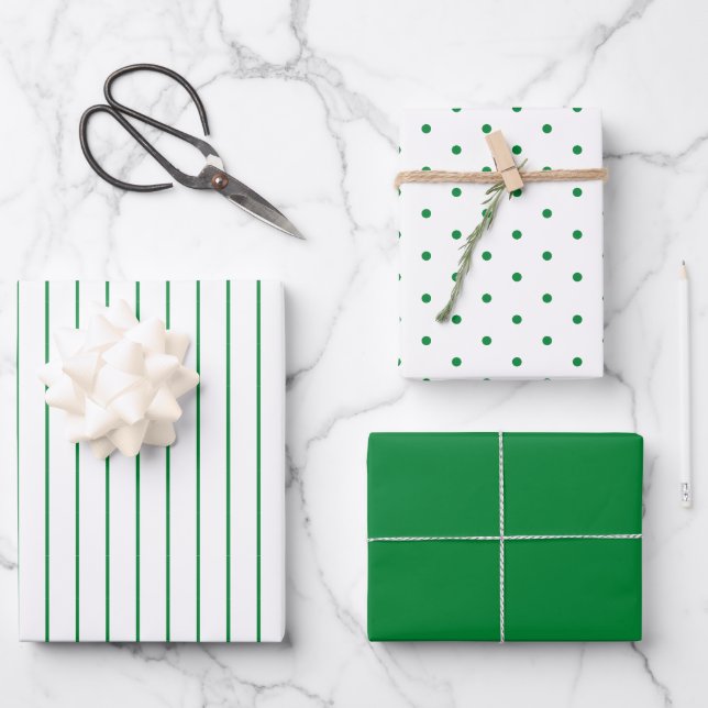 Green Polka Dot and Striped and Solid Wrapping Paper Sheet (Front)