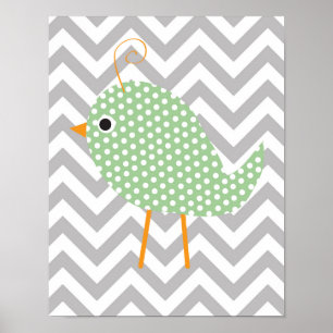 Green Polka Dot Bird, Grey Chevron Bedroom Nursery Poster