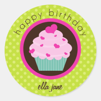 Green Polka Dot Cupcake Happy Birthday Sticker
