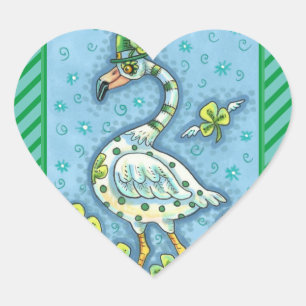 GREEN POLKA DOT FLAMINGO, FUNNY ST. PATRICK'S DAY HEART STICKER