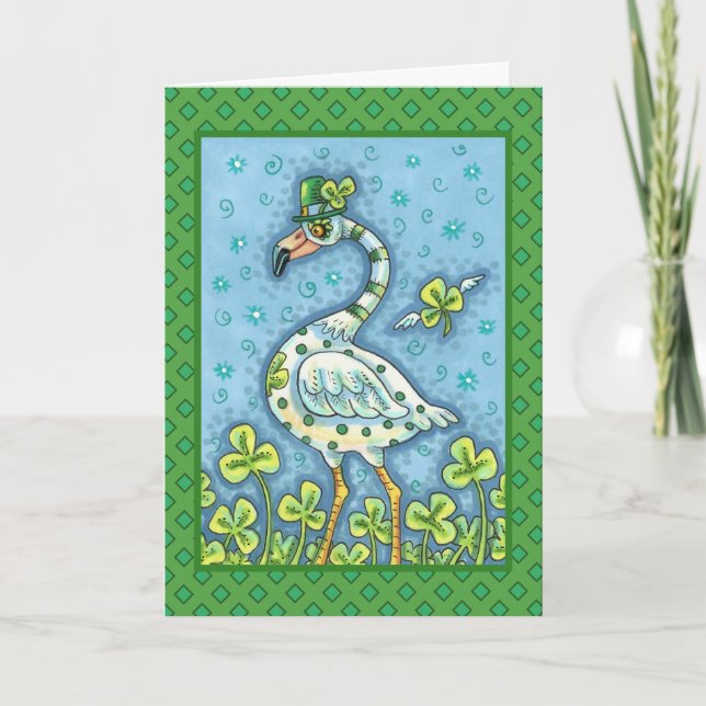 GREEN POLKA DOT FLAMINGO, FUNNY ST. PATRICK'S DAY HOLIDAY CARD (Front)
