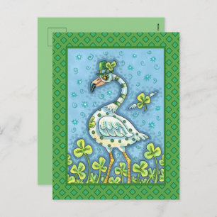 GREEN POLKA DOT FLAMINGO, FUNNY ST. PATRICK'S DAY HOLIDAY POSTCARD