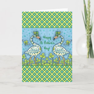 GREEN POLKA DOT FLAMINGOS, FUNNY ST. PATRICK'S DAY HOLIDAY CARD