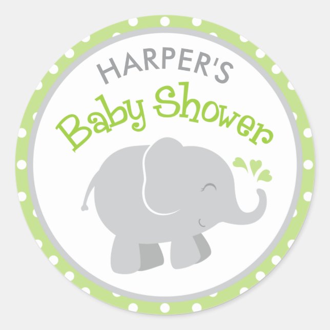 Green Polka Dot Grey Elephant Shower Classic Round Sticker (Front)