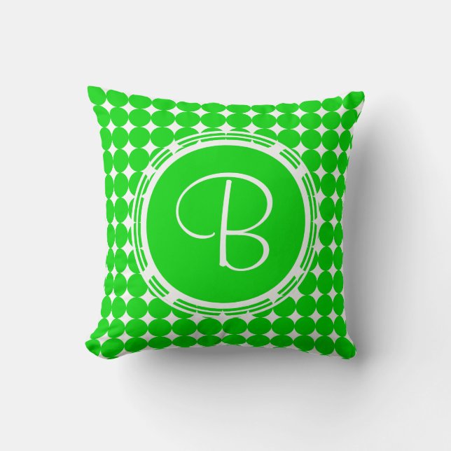 Green Polka Dot Monogram Throw Pillow (Front)