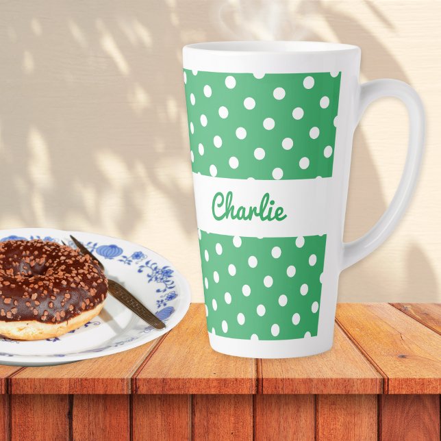 Green Polka Dot Patterned Retro Personalized Name Latte Mug (A personalized latte mug in jade green and white with a retro polka dot pattern)