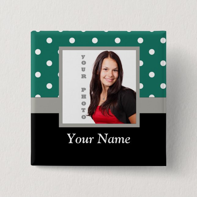 Green polka dot photo template 2 inch square button (Front)