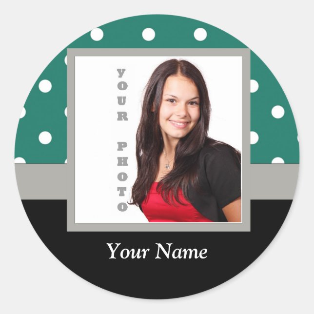Green polka dot photo template classic round sticker (Front)