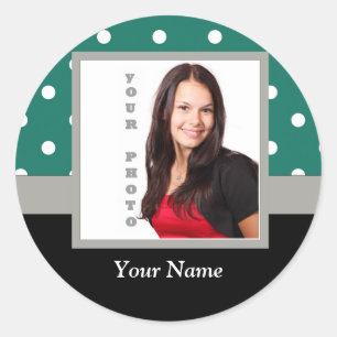 Green polka dot photo template classic round sticker