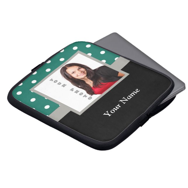 Green polka dot photo template laptop sleeve (Front Top)