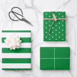 Green Polka Dot Wide Striped and Solid Wrapping Paper Sheet<br><div class="desc">This set of wrapping paper sheets features a solid green coloured sheet with coordinating sheets of wide green stripes on white, and white polka dots on green.</div>