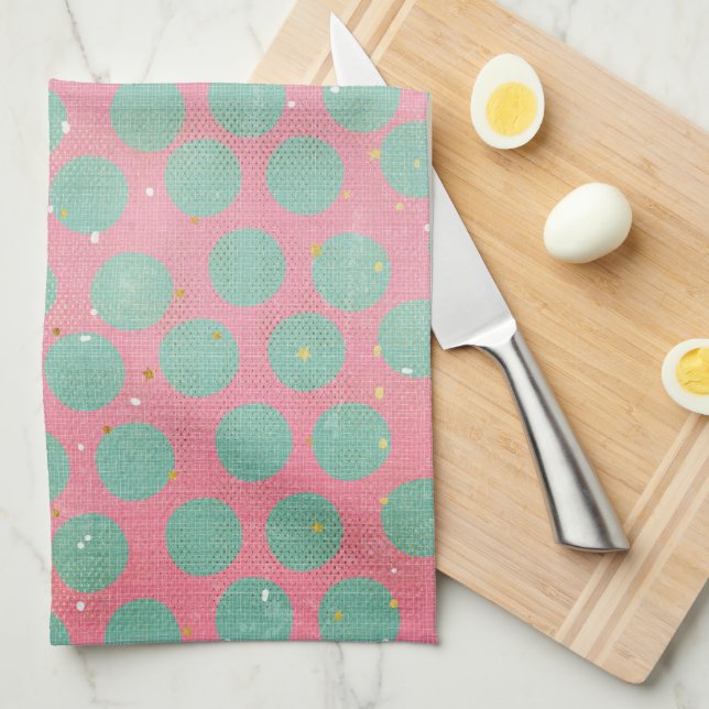 Green Polka Dots and Gold Stars on a Red Kitchen Kitchen Towel (Quarter Fold)