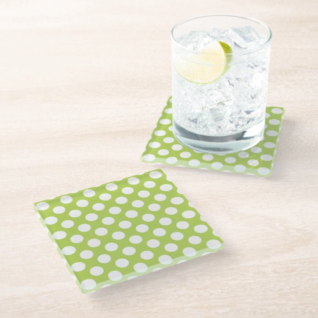 Green Polka Dots, Polka Dot Pattern, Dots, Dotted Glass Coaster (Angled)