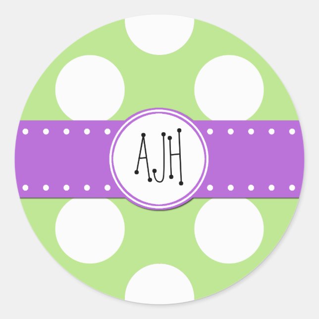 Green Polka Dots, Polka Dot Pattern, Monogram Classic Round Sticker (Front)