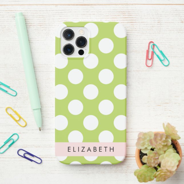 Green Polka Dots, Polka Dot Pattern, Your Name iPhone Case (On Desk)