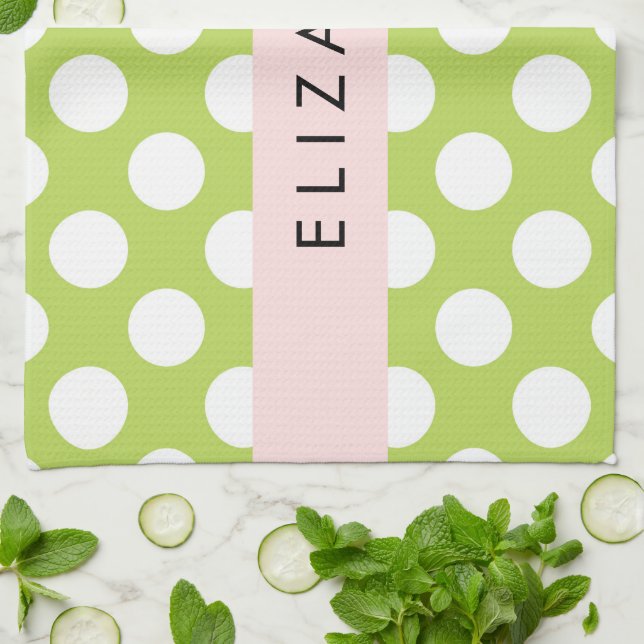 Green Polka Dots, Polka Dot Pattern, Your Name Kitchen Towel (Folded)