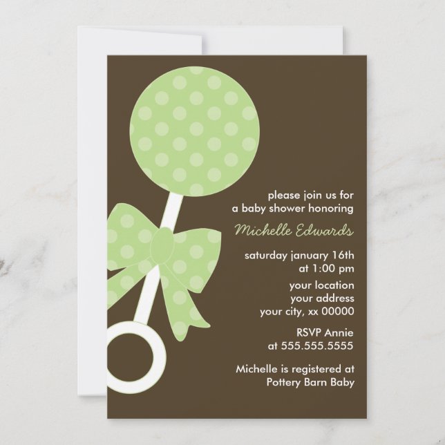Green Polka Dots Rattle Baby Shower Invitation (Front)
