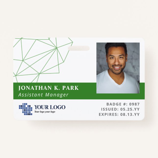 Green Polygons Logo & Photo Employee ID Badge (Front)