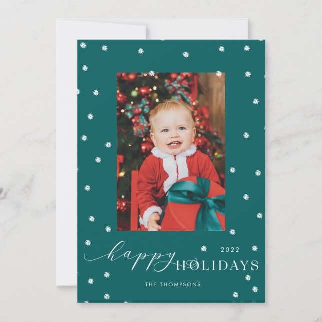 Green Pompom Polka Dot Photo Holiday Card (Front)