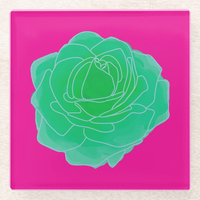 Green Pop Art Rose Glass Coaster (Front)