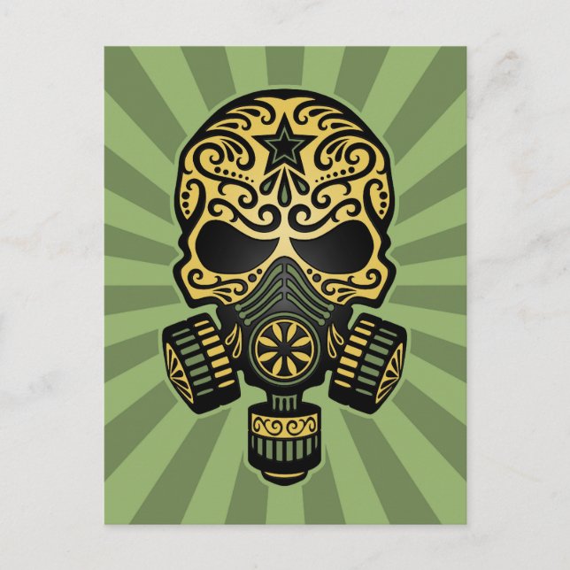 Green Post Apocalyptic Sugar Skull Postcard (Front)