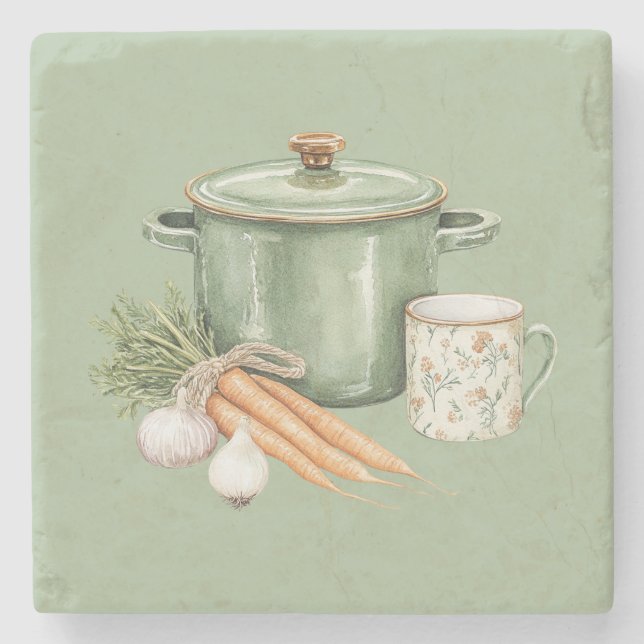 Green Pot Carrots  Stone Coaster (Front)