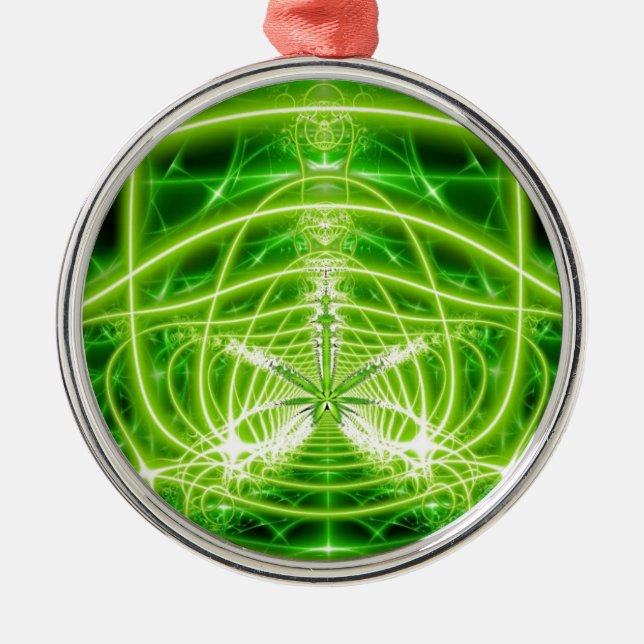 Green Pot Leaf Fractal Metal Ornament (Front)