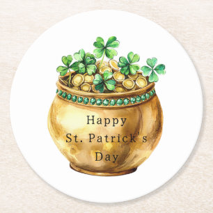 Green Pot of Gold Shamrocks St. Patrick's Day   Round Paper Coaster