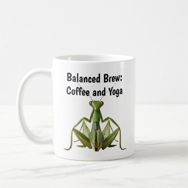 Green Praying Mantis Yoga Personalized Coffee Mug (Left)