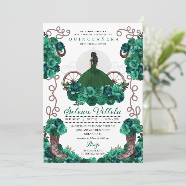 Green Princess Dress & Boots Quinceañera Invitation (Standing Front)