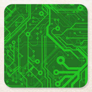 Green Printed Circuit Board Pattern Square Paper Coaster