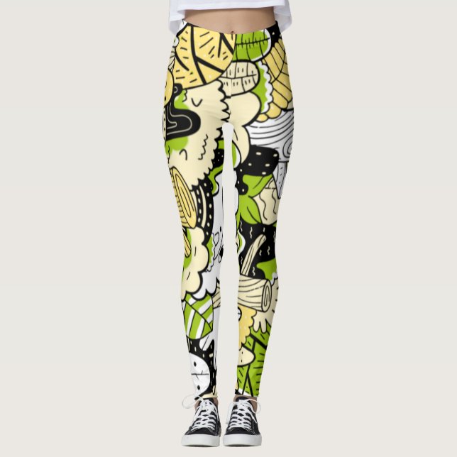 Green Psychedelic Kawaii Forest Leaf Funny Cool  Leggings (Front)