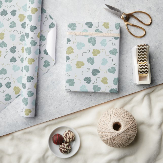 Green Pumpkin Leaves Pattern Pastel Green Wrapping Paper (Crafts)