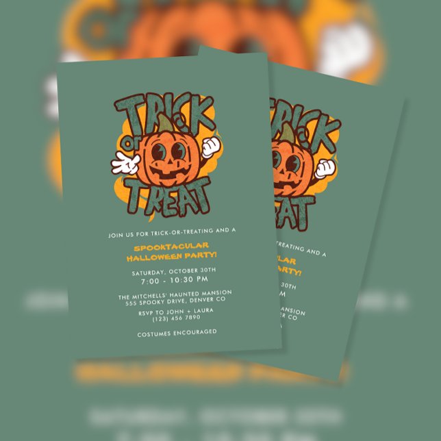 Green & Pumpkin Trick or Treat Halloween Party Invitation (Creator Uploaded)