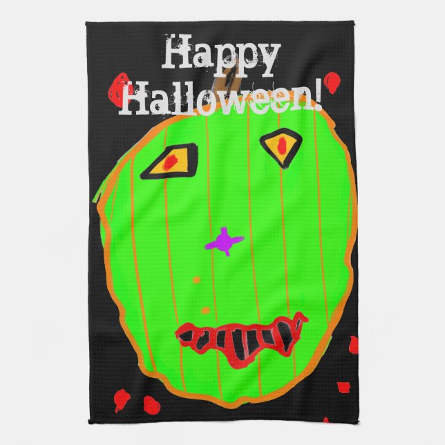 Green Pumpkin Zombie Halloween Kitchen Towels (Vertical)