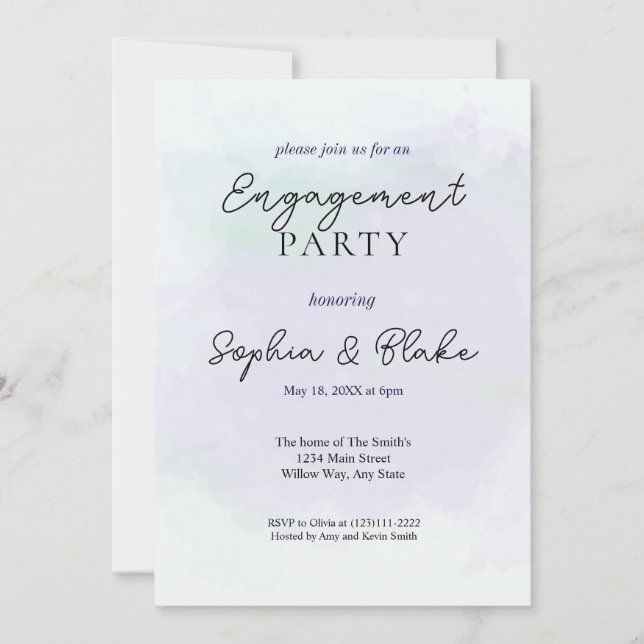 Green/ Purple Abstract Watercolor Engagement Party Invitation (Front)