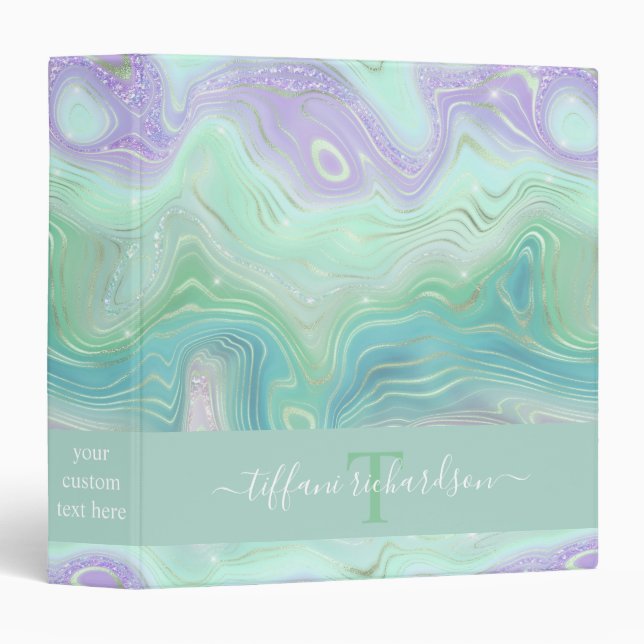 Green Purple Agate Geode Monogram Script Name Binder (Front/Spine)