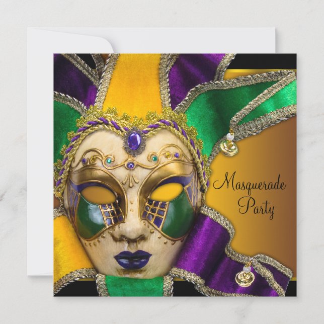 Green Purple and Gold Masquerade Party Invitation (Front)