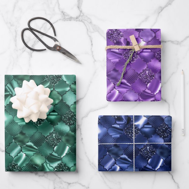 Green, Purple and Navy Blue Moroccan Quatrefoil Wrapping Paper Sheet (Front)