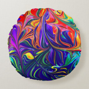 Green purple and orange abstract painting round pillow