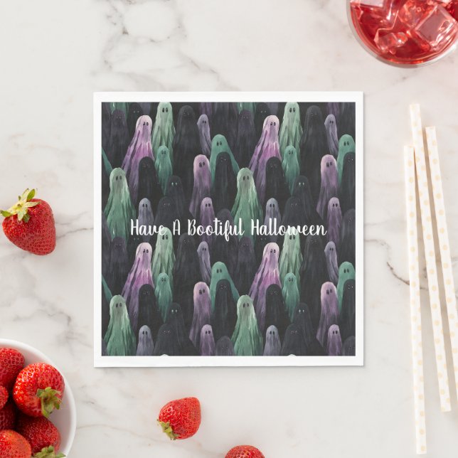 Green Purple Black Ghosts Bootiful Halloween Napkin (Insitu)